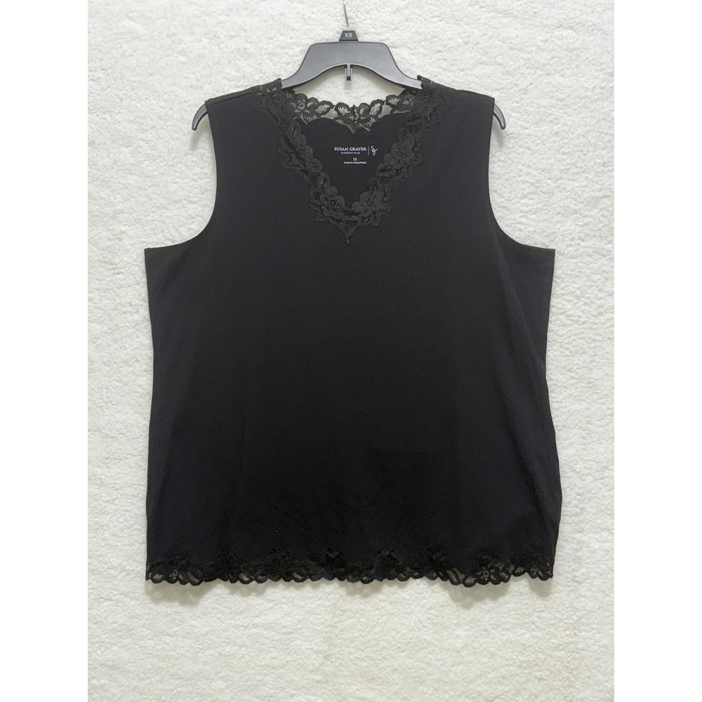 Susan Graver Essentials Black‎ Lace Trim Tank Top Sleeveless Blouse 1X